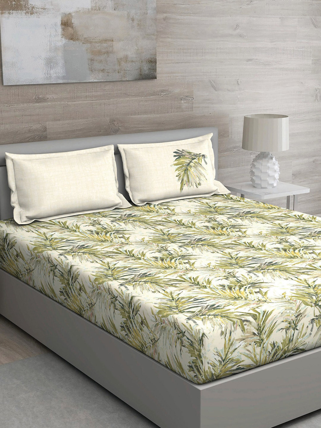 GM Matthiola Green Leaf Cotton 150 TC Queen Bedsheet with 2 Pillow Covers-90 x 108 inches