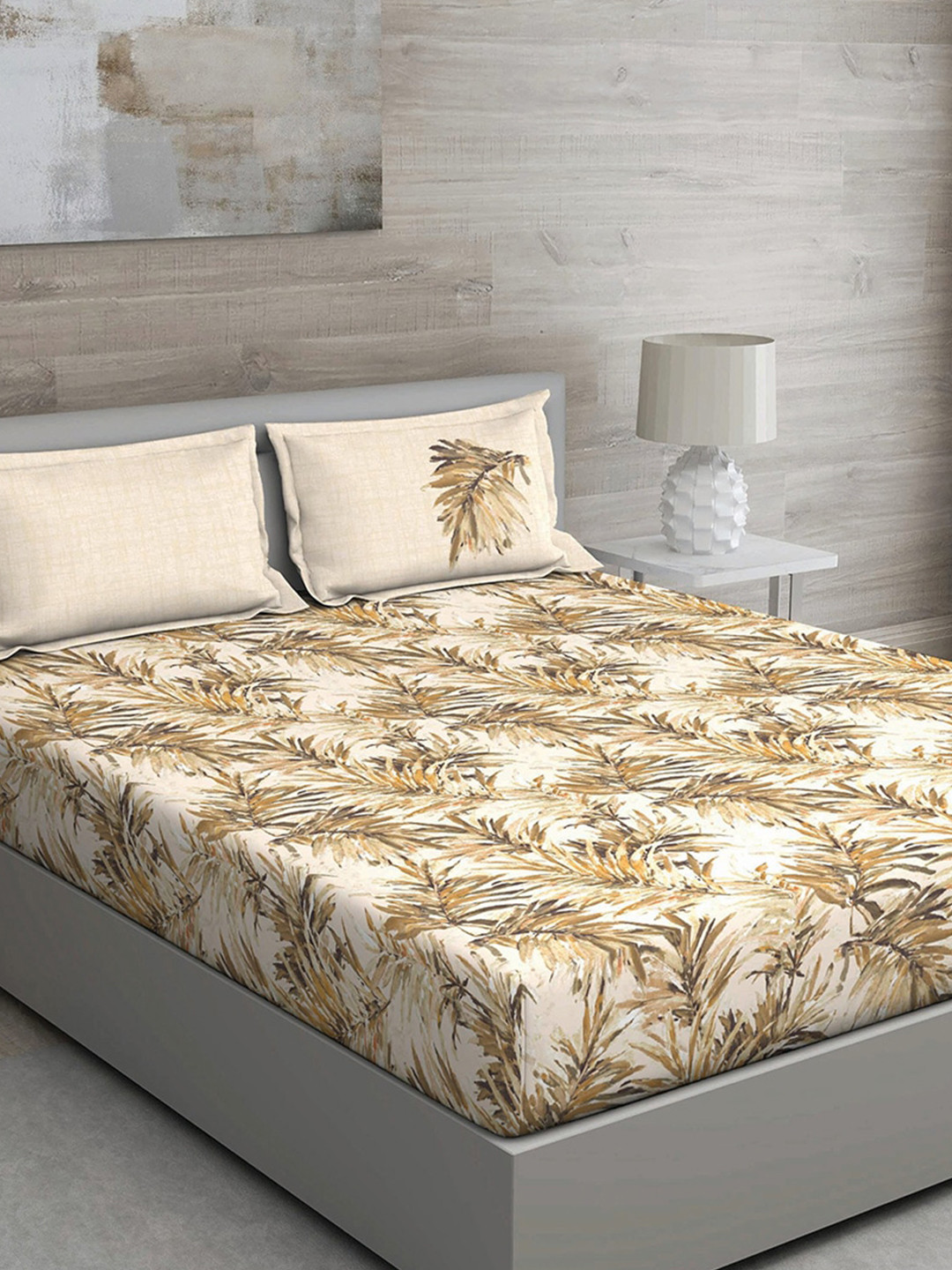 GM Matthiola Brown Leaf Cotton 150 TC Queen Bedsheet with 2 Pillow Covers-90 x 108 inches