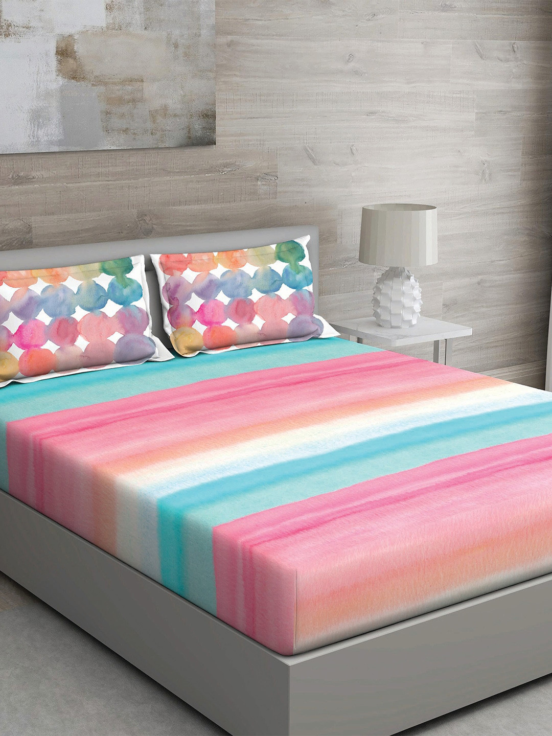 GM Pink & Multicoloured Striped 150 TC Queen Bedsheet with 2 Pillow Covers