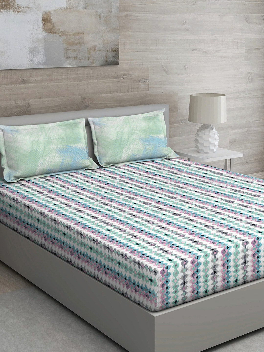 GM Matthiola Green Abstract Cotton 150 TC Double Bedsheet with 2 Pillow Covers-90 x 108 inches