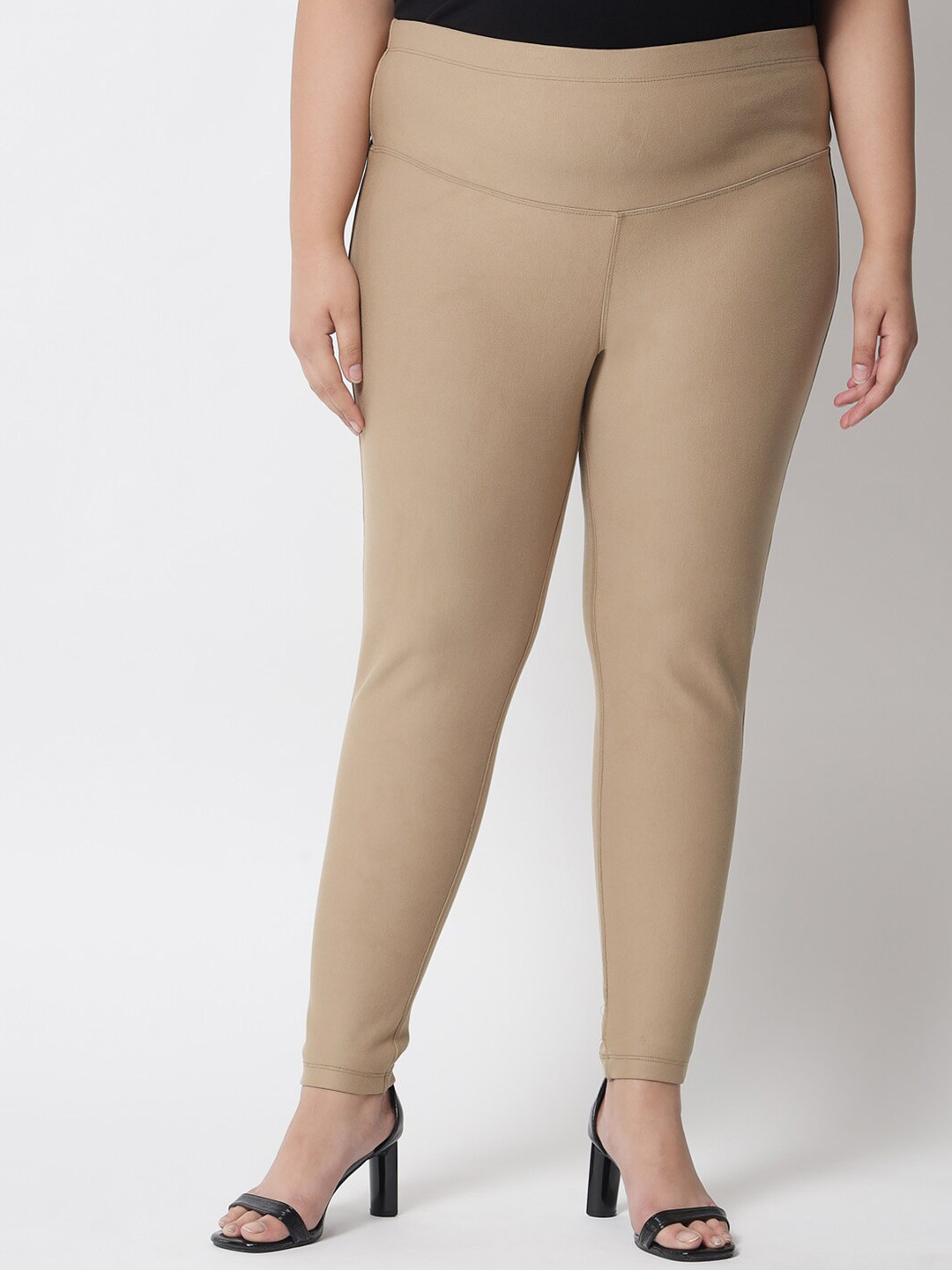 Amydus Women Plus Size Beige Solid Tummy Tucker Jeggings