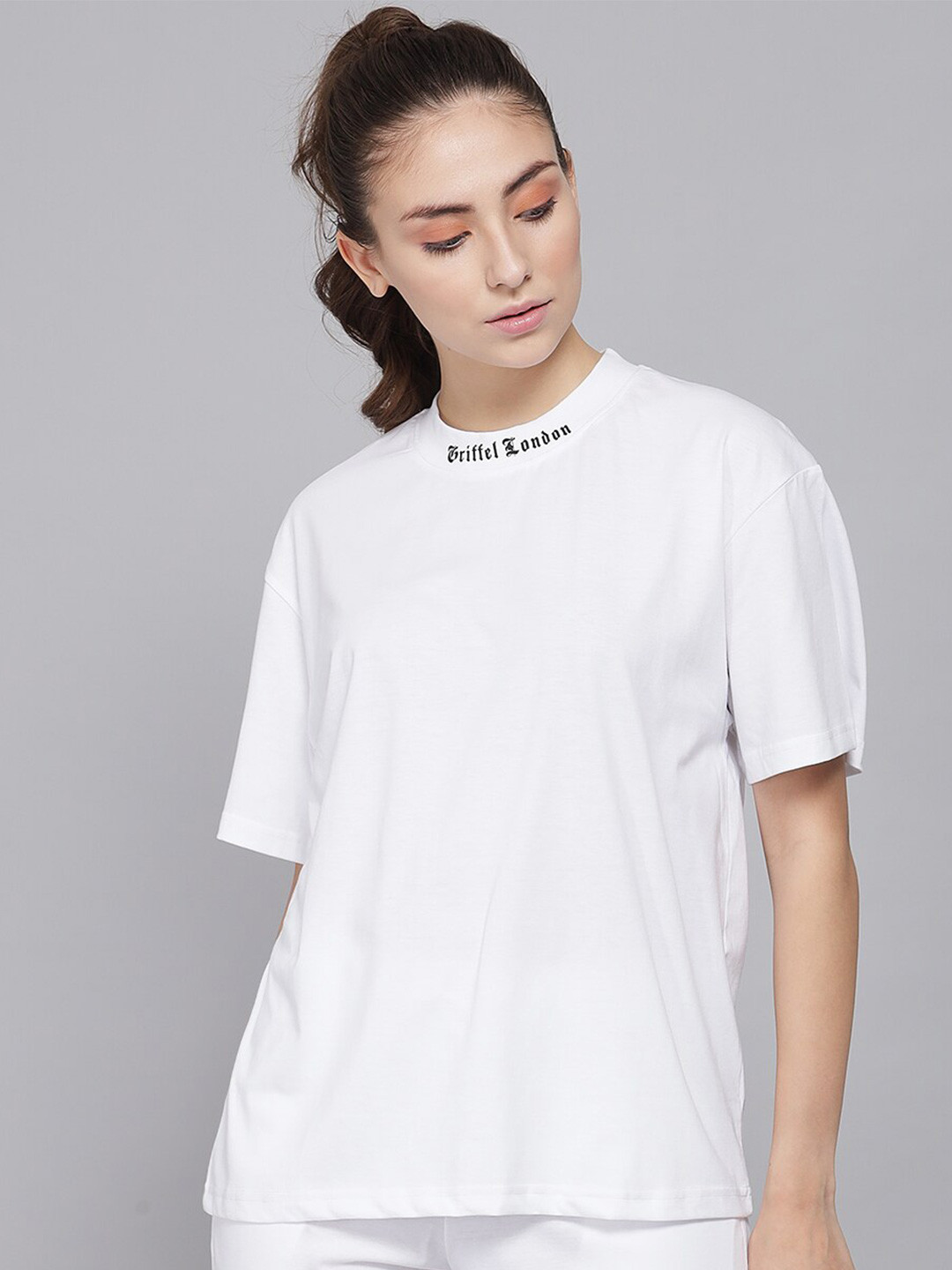 GRIFFEL Women White Oversized  Sports T-shirt
