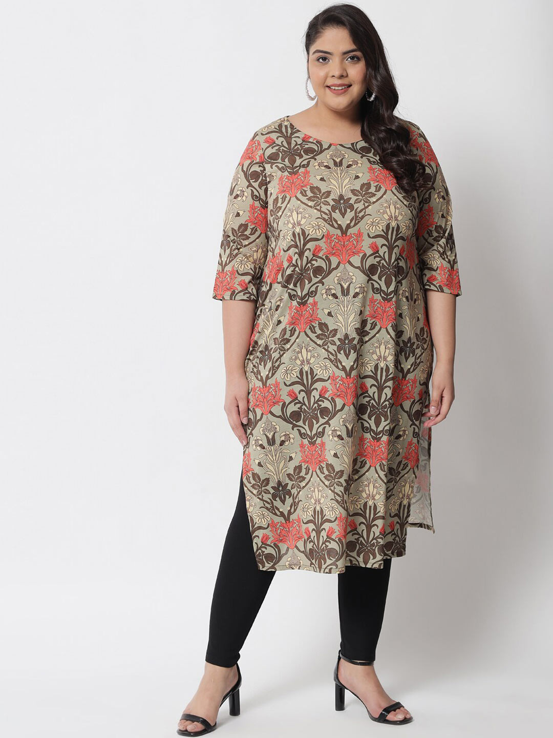 Amydus Women Plus Size Green & Brown Ethnic Motifs Printed Straight Kurta