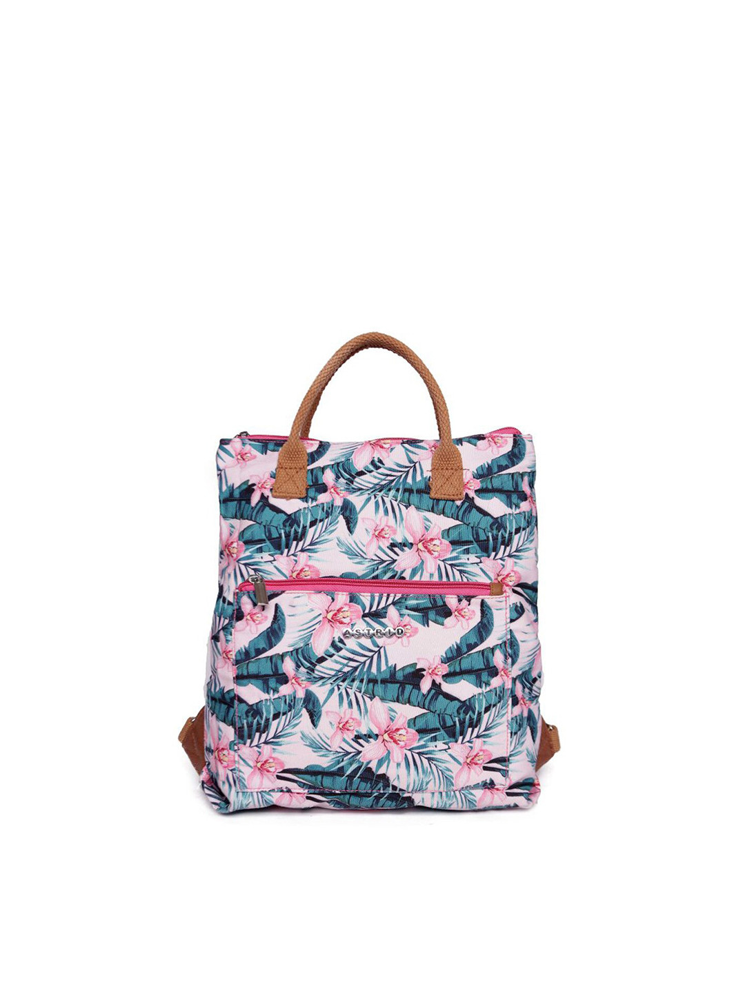 ASTRID Women Pink & Blue Tropical Printed Backpack