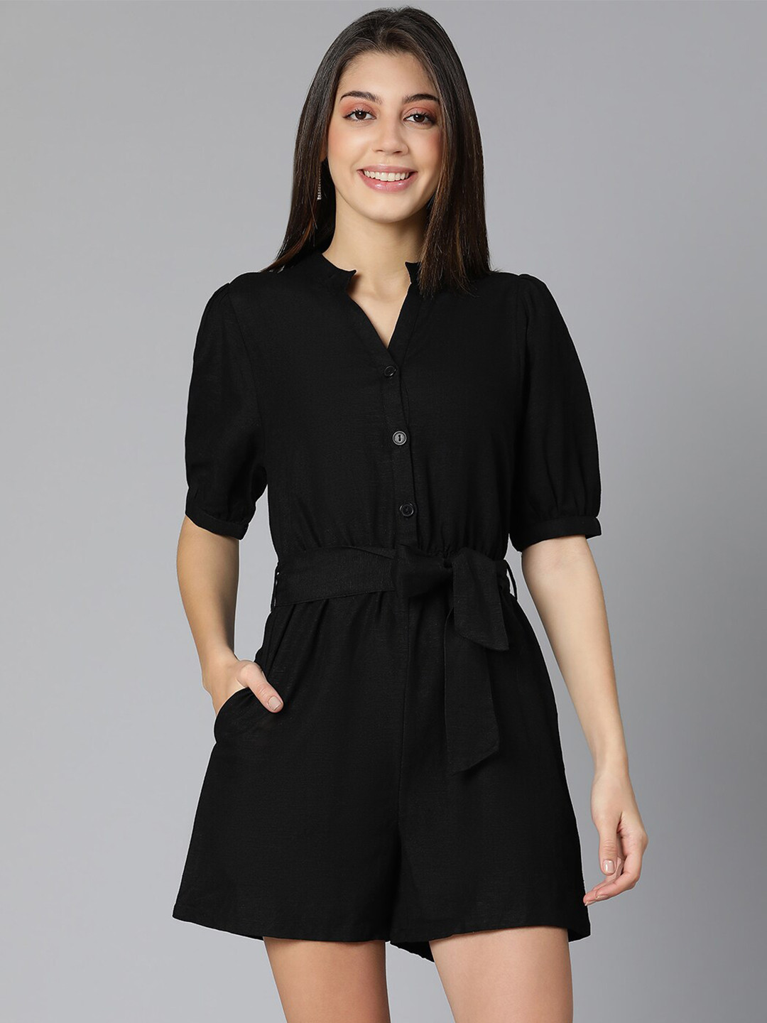 Oxolloxo Black Solid Cotton Jumpsuit