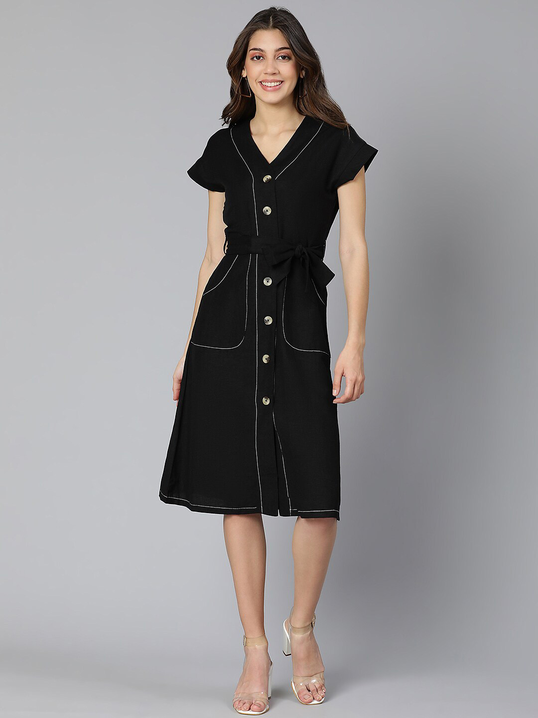 Oxolloxo Black Formal A-Line Midi Tie-Knot Dress