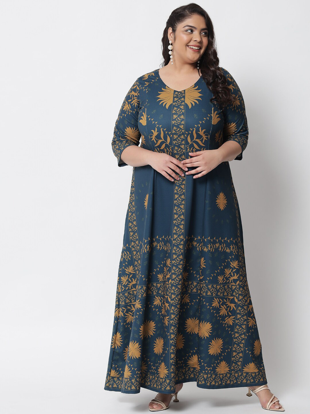 Amydus Plus Size Teal Blue & Mustard Yellow Ethnic Motifs Ethnic A-Line Dress