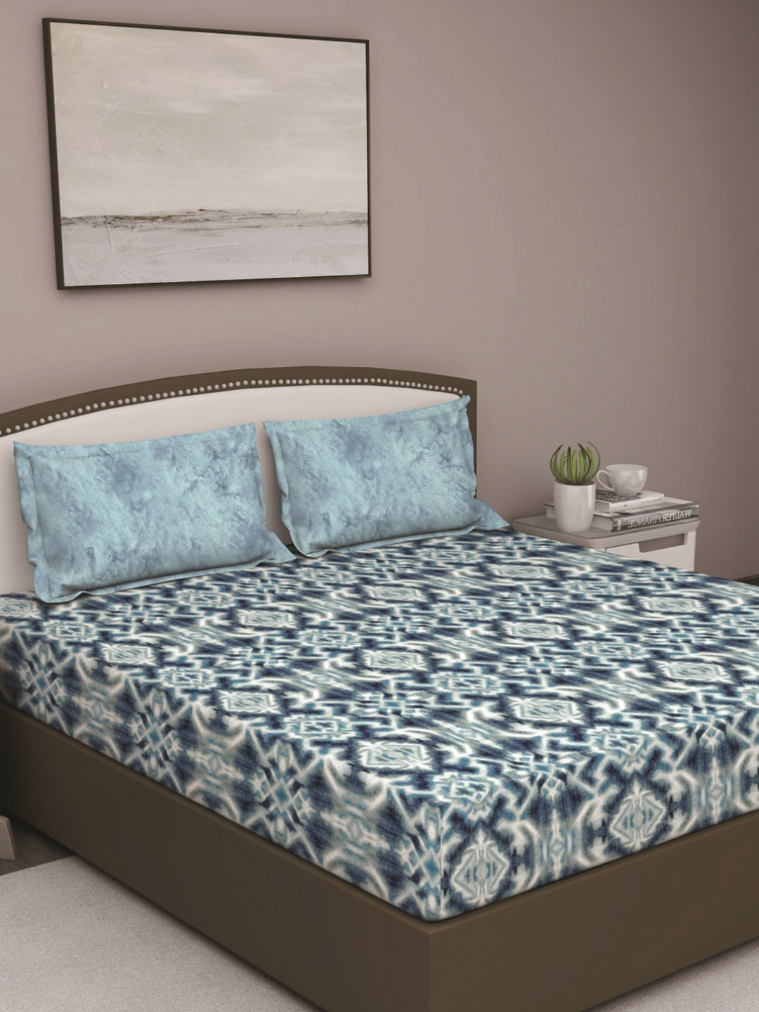 GM Serene Blue Ethnic Motifs Cotton 210 TC Queen Fine Bedsheet with 2 Pillow Covers-90 x 108 inches