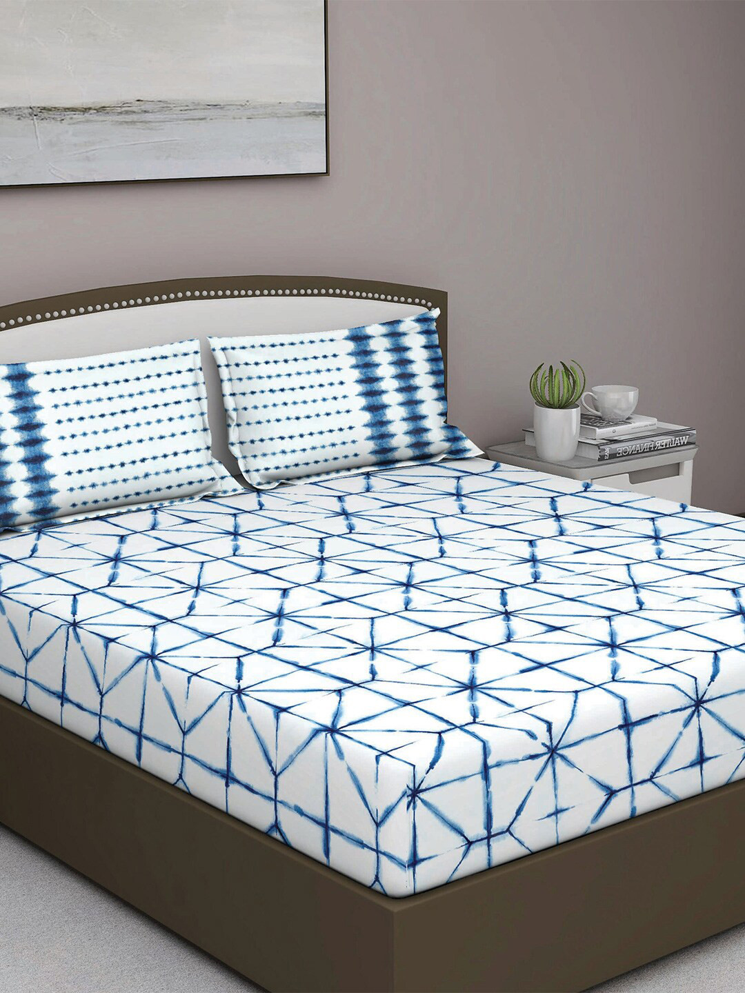 GM Pilkhuwa Blue Geometric Cotton 210 TC Queen Fine Bedsheet with 2 Pillow Covers-90 x 108 inches