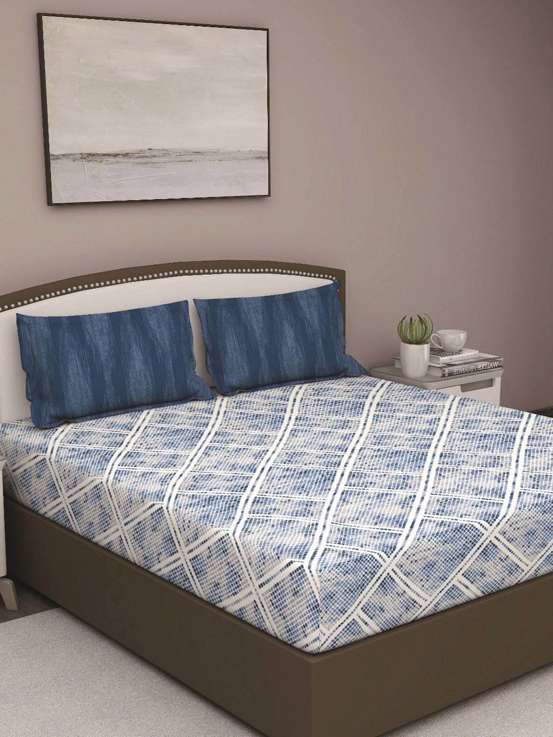 GM Serene Blue Geometric Cotton 210 TC Queen Fine Bedsheet with 2 Pillow Covers-90 x 108 inches