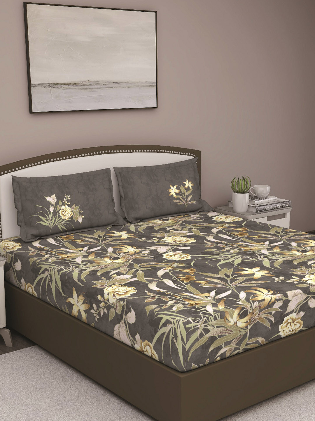 GM Serene Grey Floral Cotton 210 TC Queen Fine Bedsheet with 2 Pillow Covers-90 x 108 inches