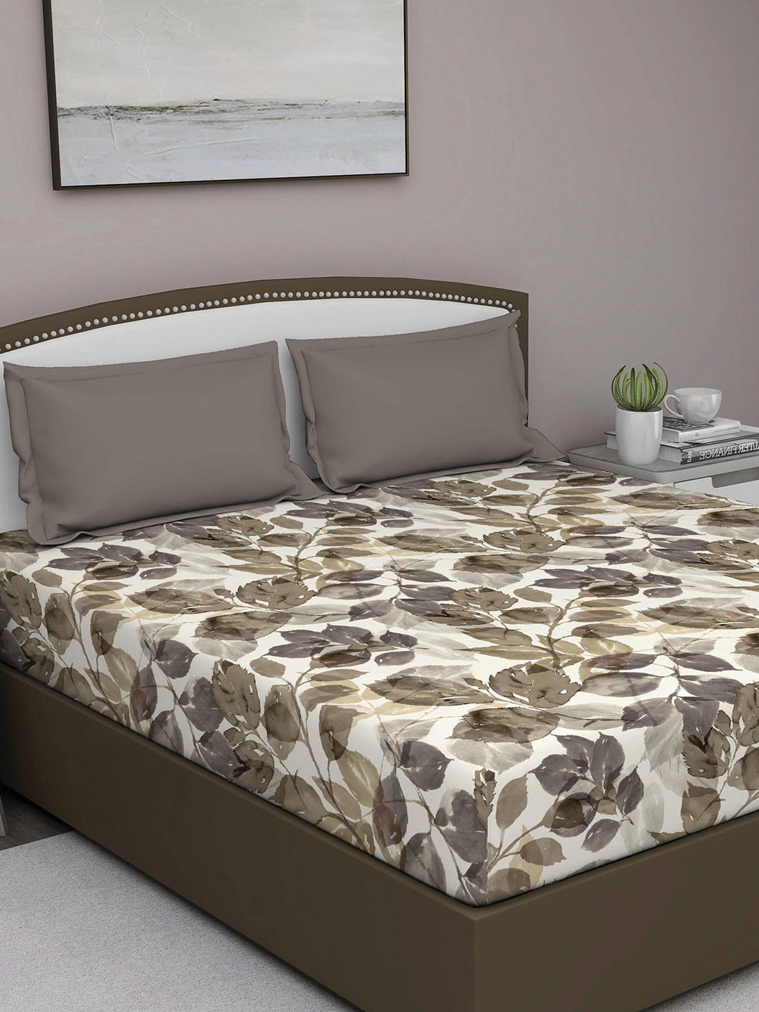 GM Serene Grey Leaf Cotton 210 TC Queen Fine Bedsheet with 2 Pillow Covers-90 x 108 inches