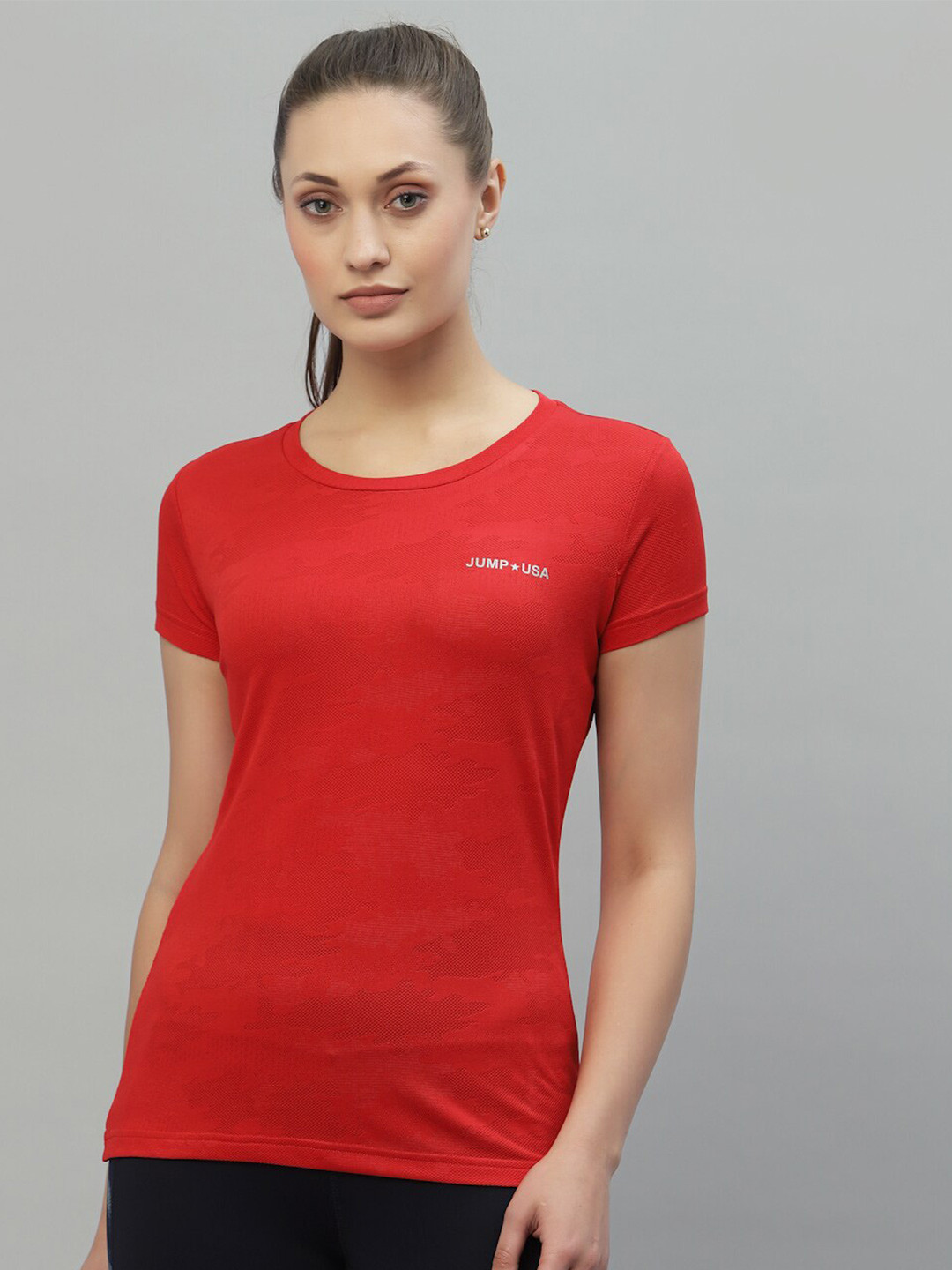 JUMP USA Women Red Rapid-Dry Antimicrobial Round Neck T-shirt