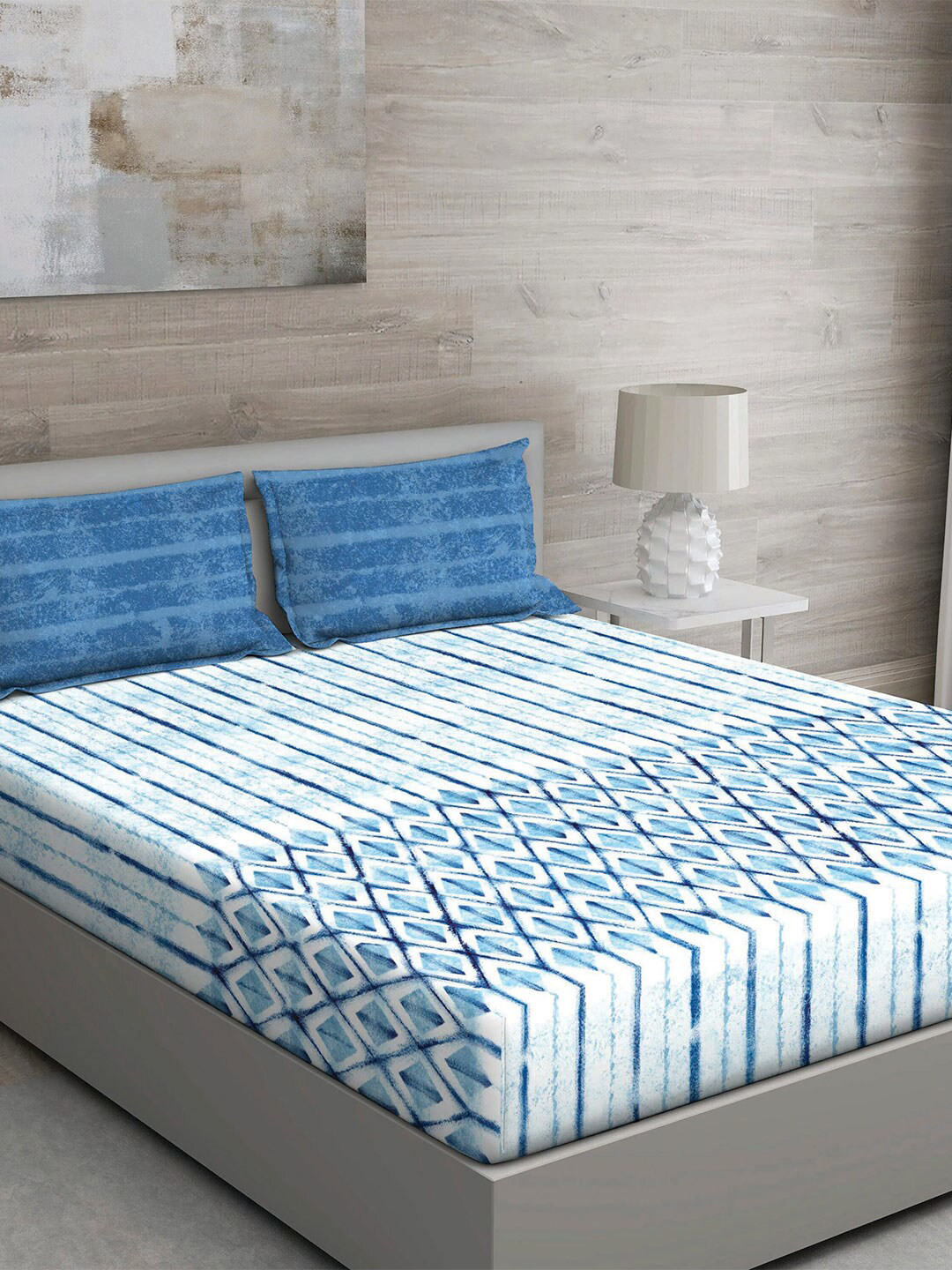GM Regal Blue Geometric Cotton 144 TC Queen Bedsheet with 2 Pillow Covers-90 x 108 inches