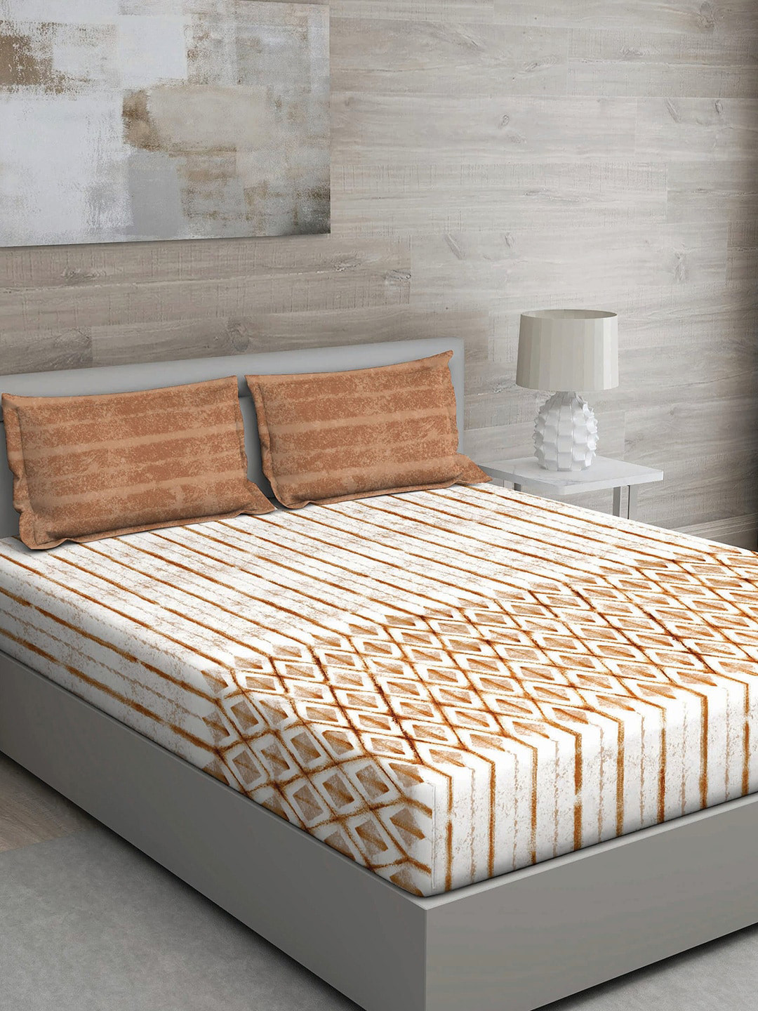 GM Brown Geometric Cotton 144 TC Queen Bedsheet with 2 Pillow Covers-228 x 274 cm