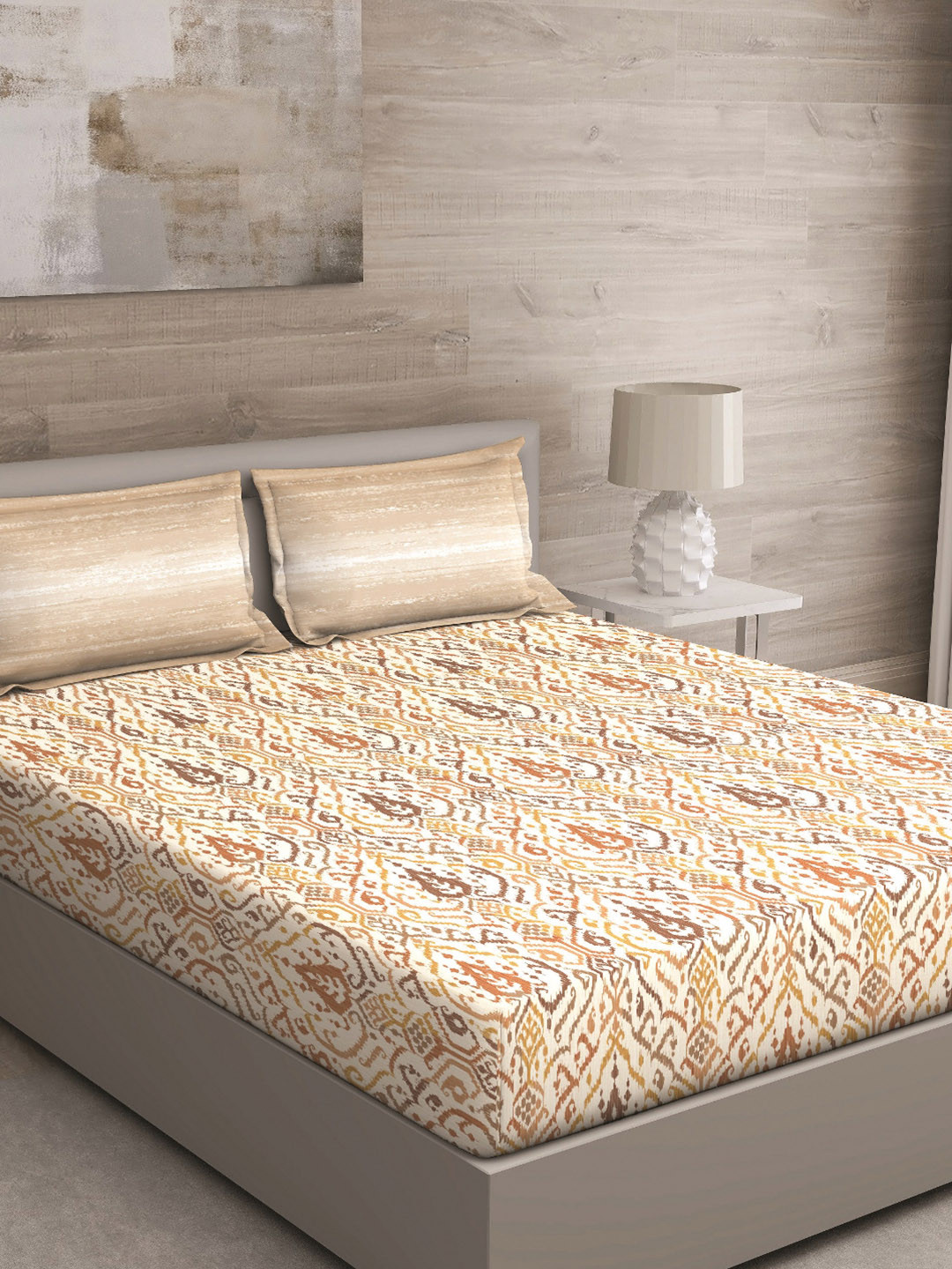 GM Royal Majestic Beige Ethnic Motifs Cotton 144 TC Queen Bedsheet with 2 Pillow Covers-228 x 274 cm