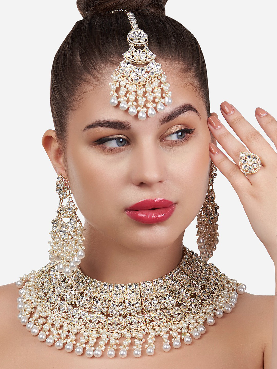 Zaveri Pearls Gold-Plated Stone Studded & Beaded Jewellery Set