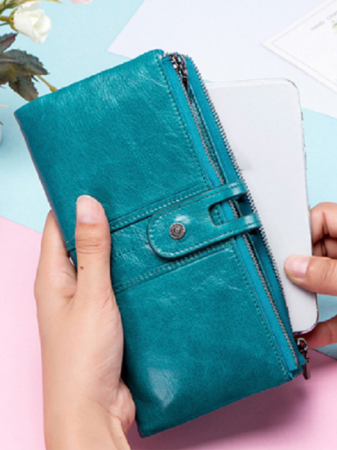 CONTACTS Women Teal Blue Textured Leather Zip Around Wallet