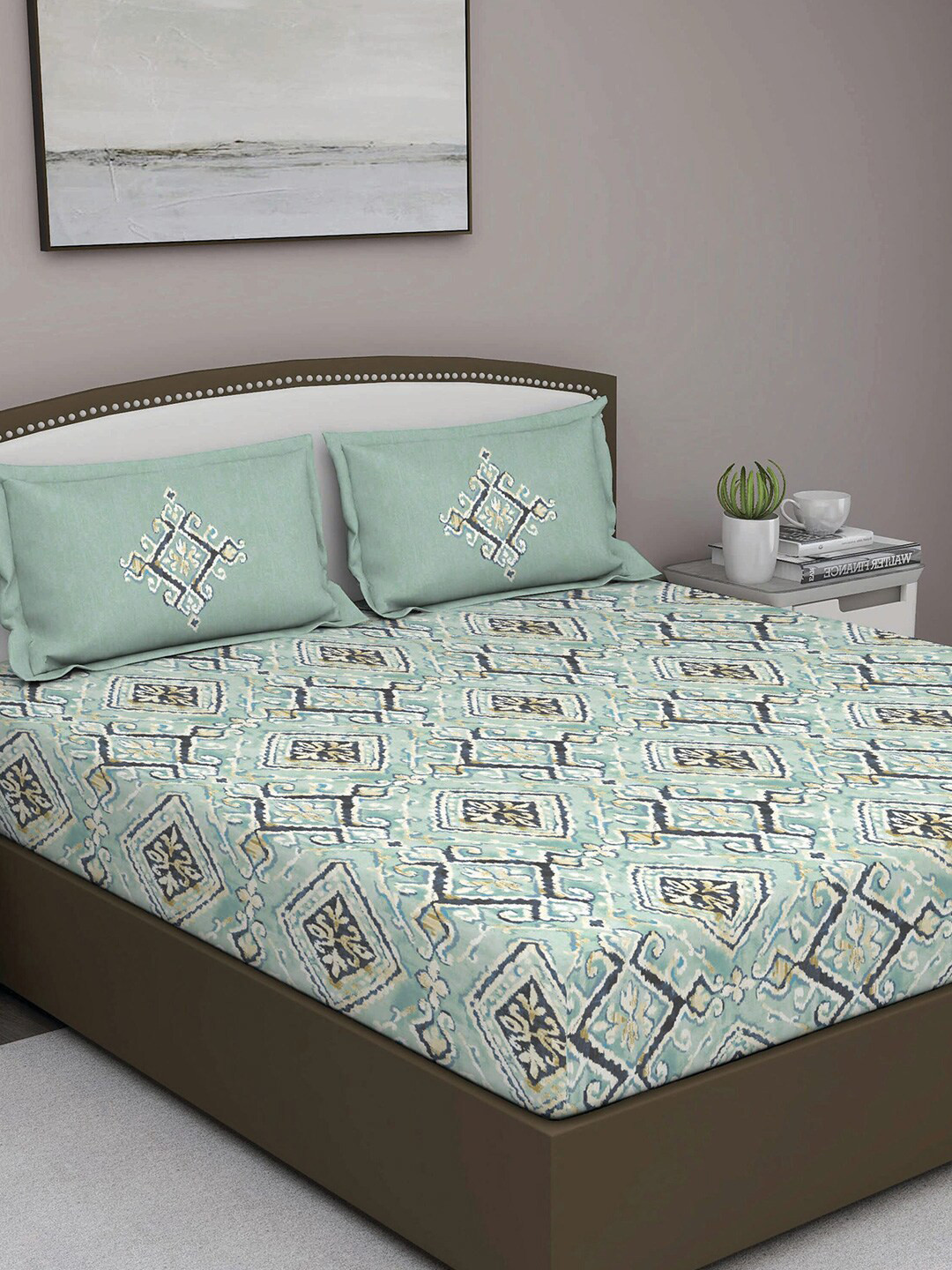 GM Fiesta Green Ethnic Motifs Cotton 180 TC Queen Fine Bedsheet with 2 Pillow Covers-90 x 108 inches