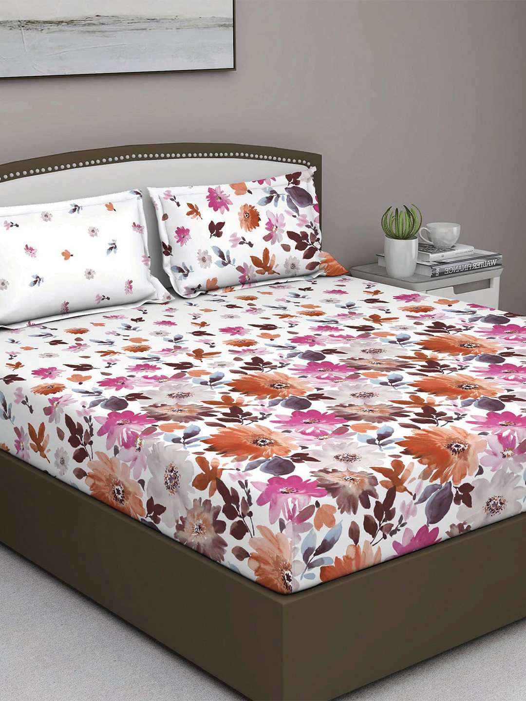 GM Fiesta White Floral Cotton 180 TC Queen Fine Bedsheet with 2 Pillow Covers-106 x 90 inches
