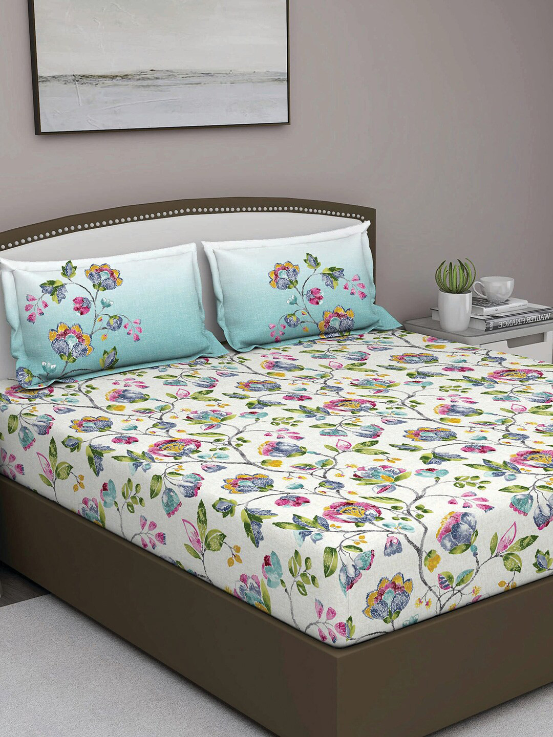 GM Fiesta Blue Floral Cotton 180 TC Queen Fine Bedsheet with 2 Pillow Covers-90 x 108 inches