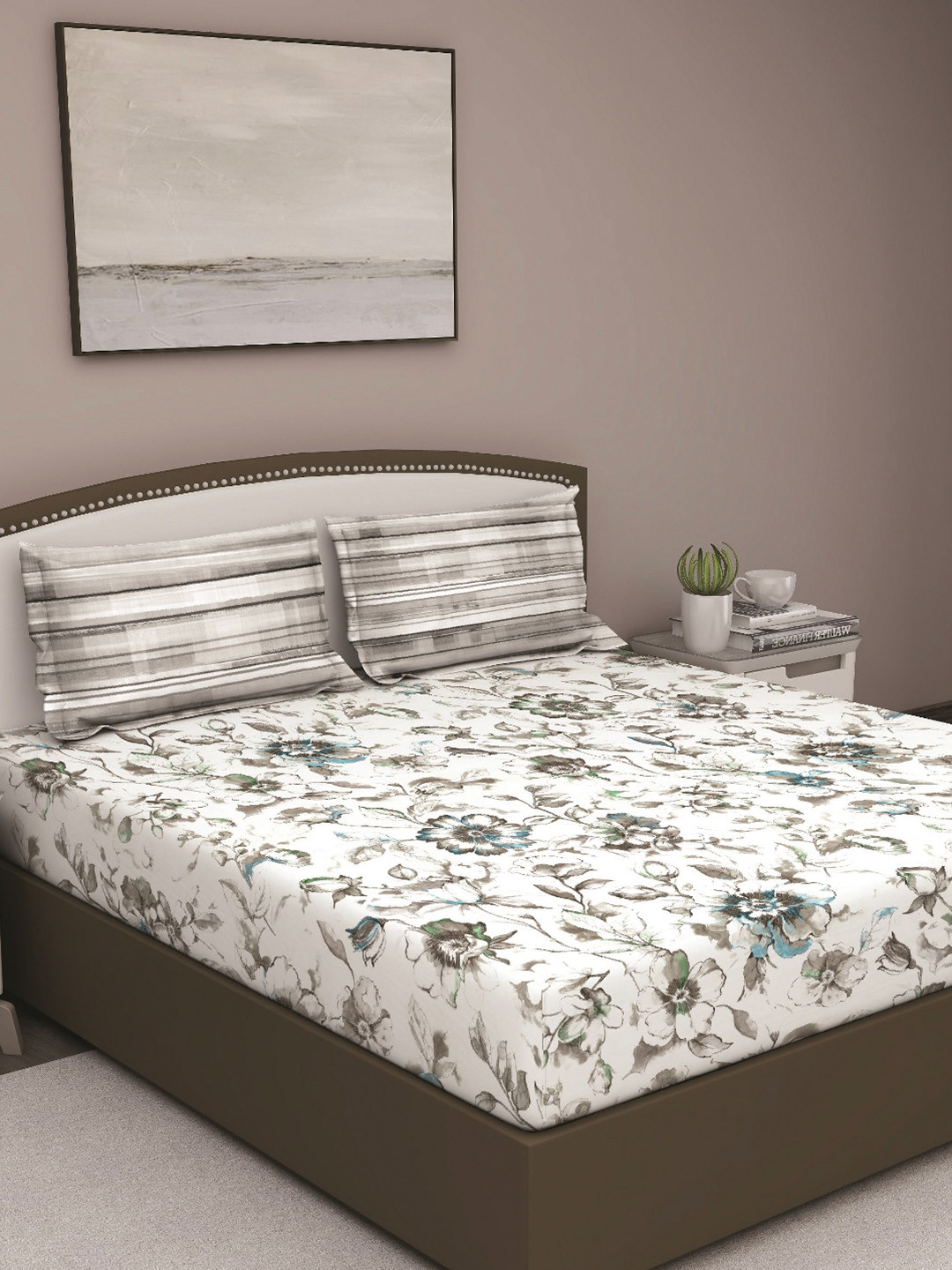 GM Fiesta Grey Floral Cotton 180 TC Double Fine Bedsheet with 2 Pillow Covers-90 x 108 inches