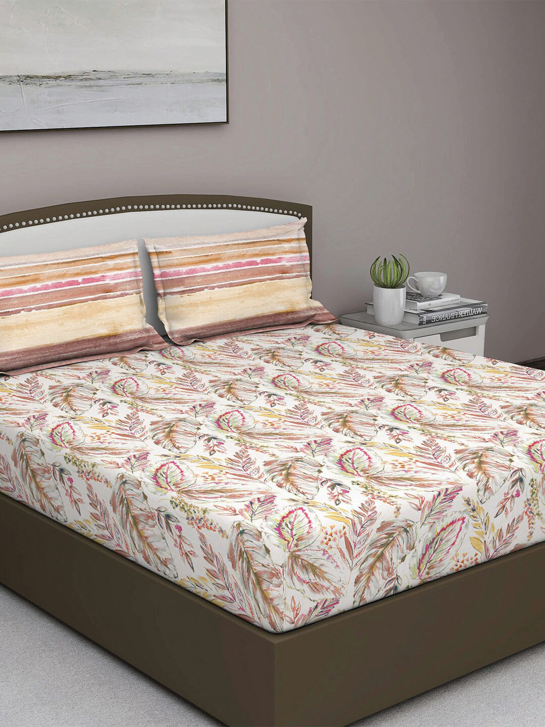 GM Fiesta Beige Floral Cotton 180 TC Queen Fine Bedsheet with 2 Pillow Covers-90 x 108 inches