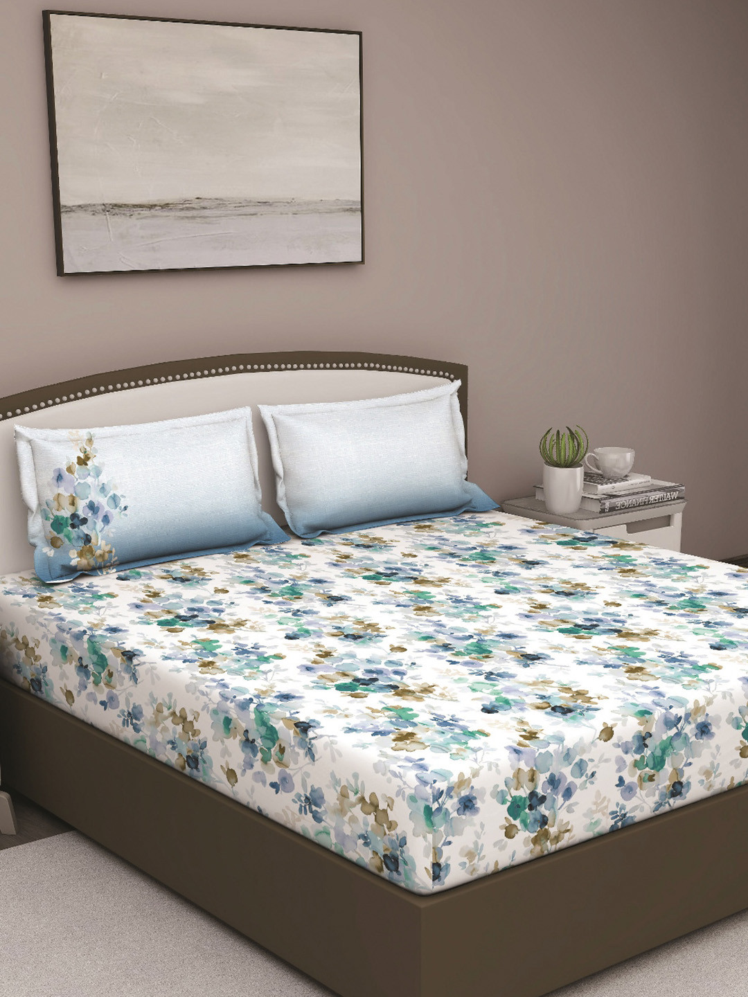 GM Fiesta White Floral Cotton 180 TC Queen Fine Bedsheet with 2 Pillow Covers-106 x 90 inches