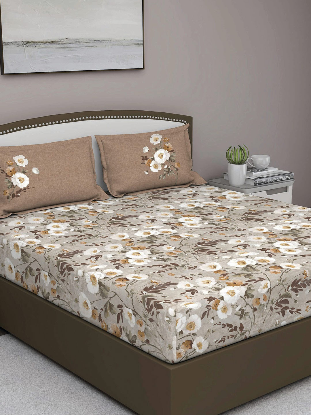 GM Fiesta Beige Floral Cotton 180 TC Queen Fine Bedsheet with 2 Pillow Covers-228 x 274 cm