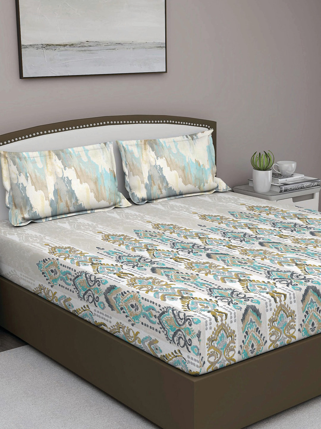 GM Fiesta Blue Ethnic Motifs Cotton 180 TC Queen Fine Bedsheet with 2 Pillow Covers-90 x 108 inches