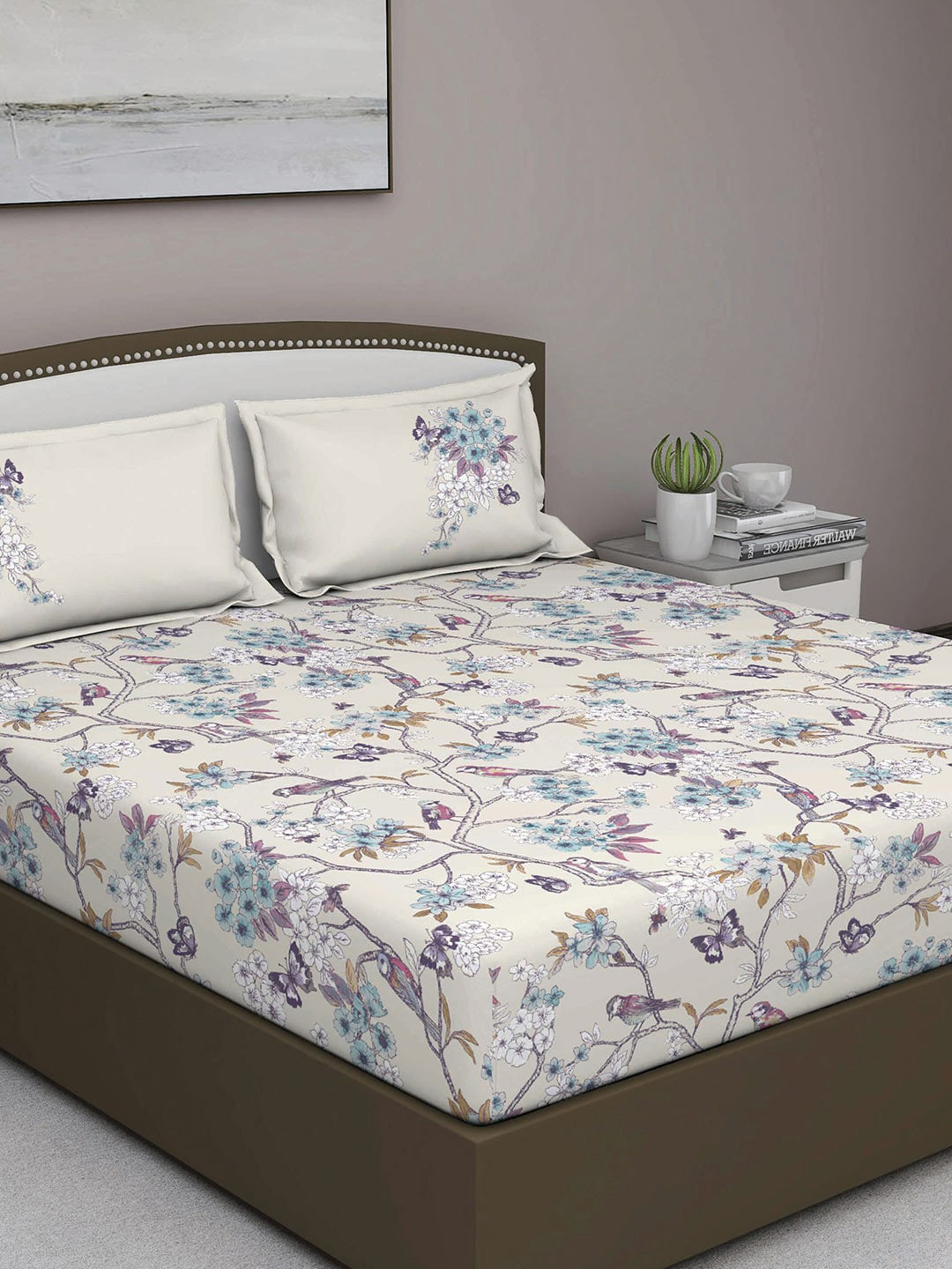 GM Fiesta Grey Floral Cotton 180 TC Queen Fine Bedsheet with 2 Pillow Covers-90 x 108 inches