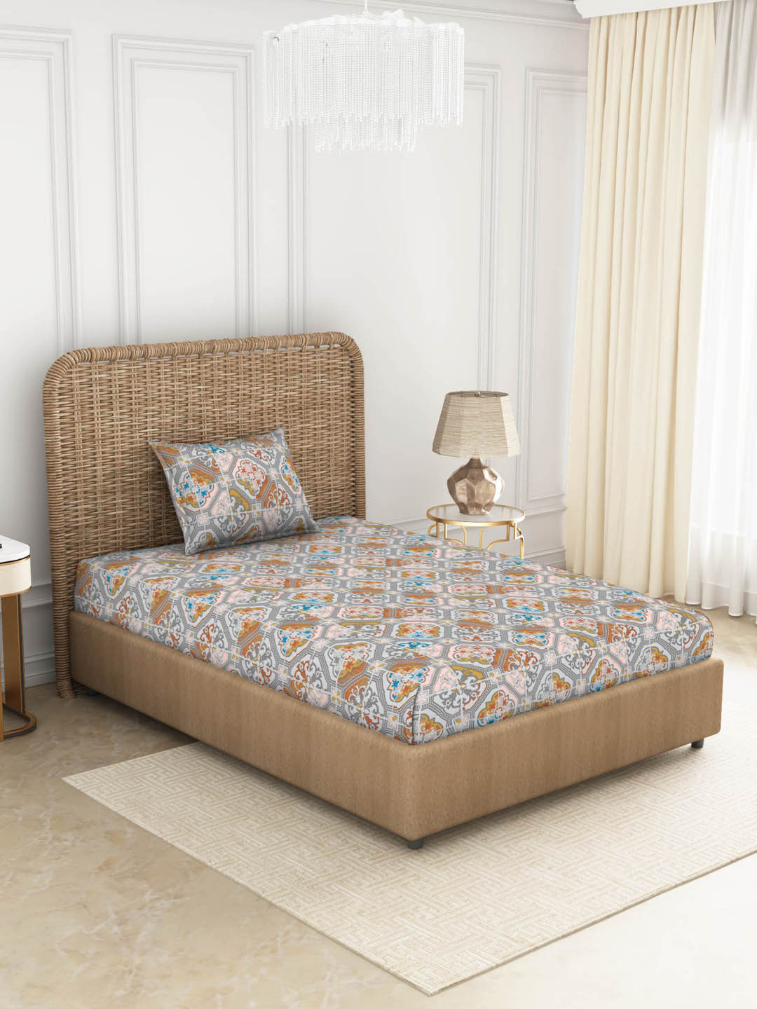 SPACES Yellow & Grey ADONIA 144 TC Single Cotton Bedsheet with 1 Pillow Cover