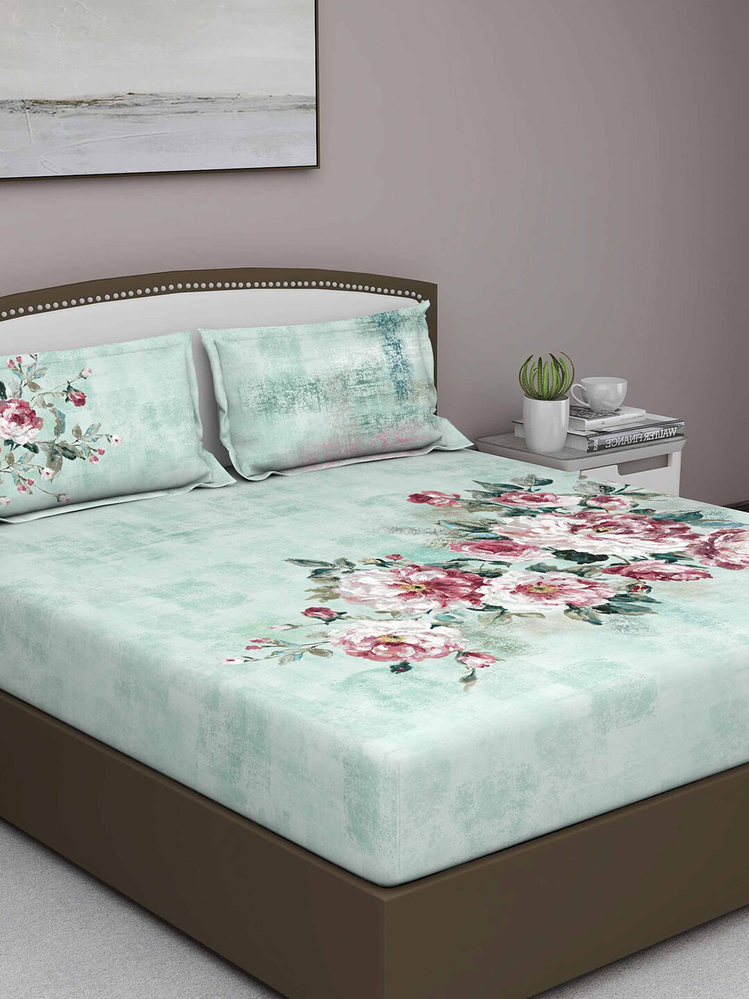 GM Citadel Green Floral Cotton 300 TC Queen Superfine Bedsheet with 2 Pillow Covers-270 x 220 cm