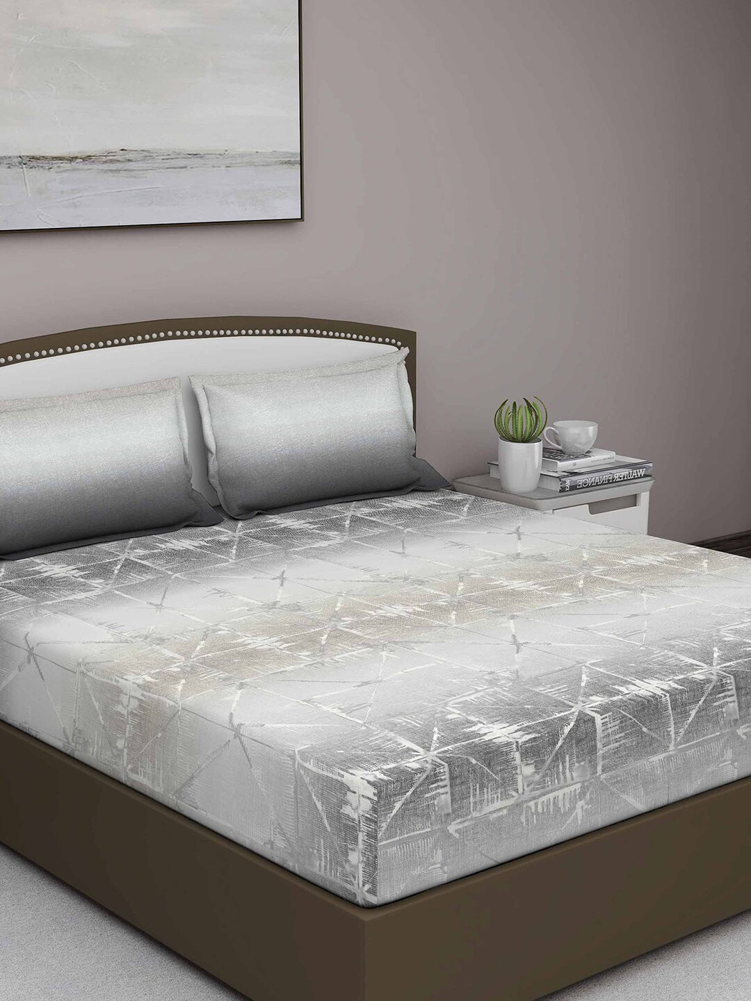 GM Citadel Grey Abstract Pure Cotton 300 TC Queen Superfine Bedsheet with 2 Pillow Covers-270 x 220 cm