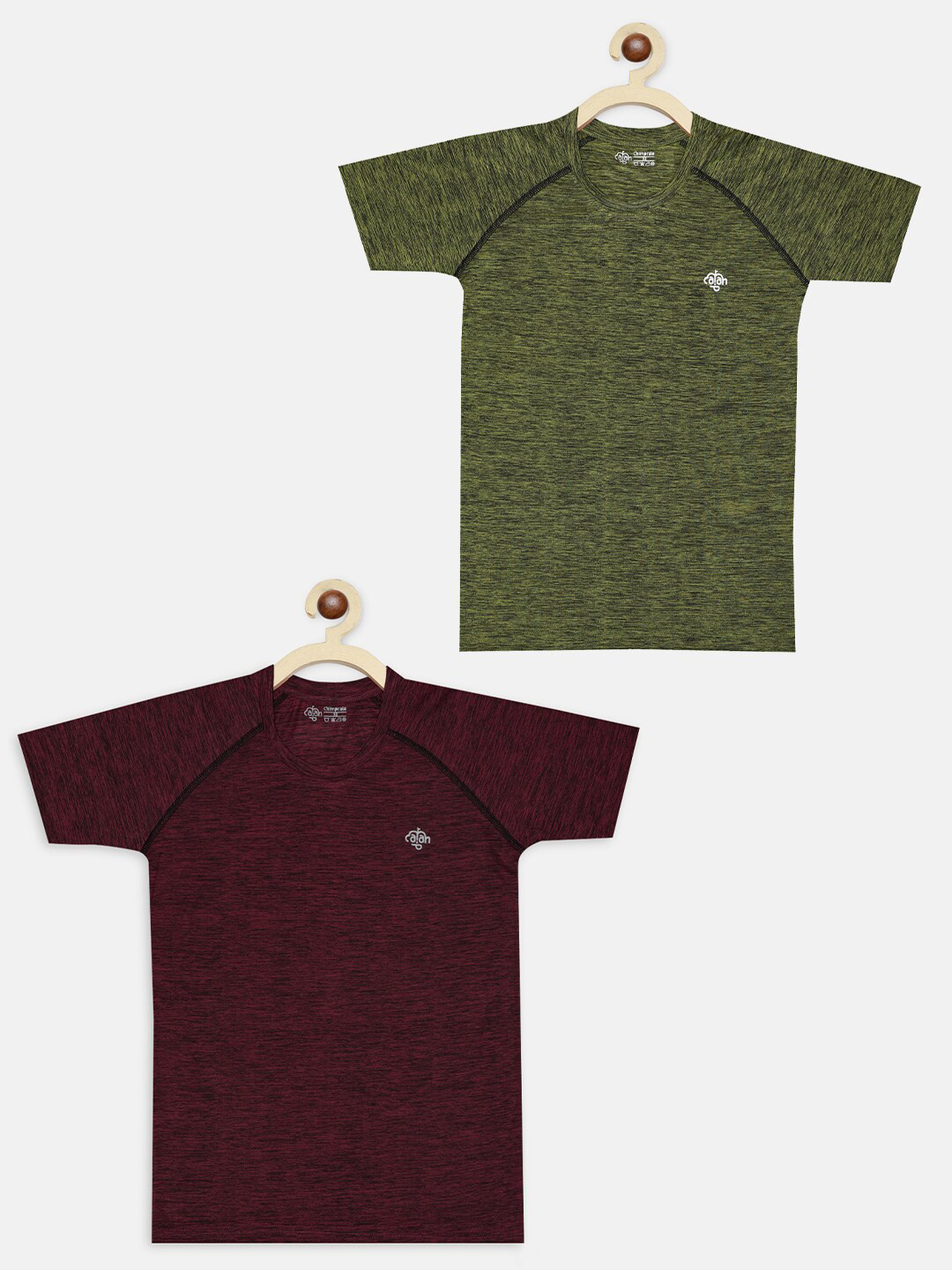 CHIMPRALA Girls Pack of 2 Olive Green & Burgundy Antimicrobial Outdoor T-shirts