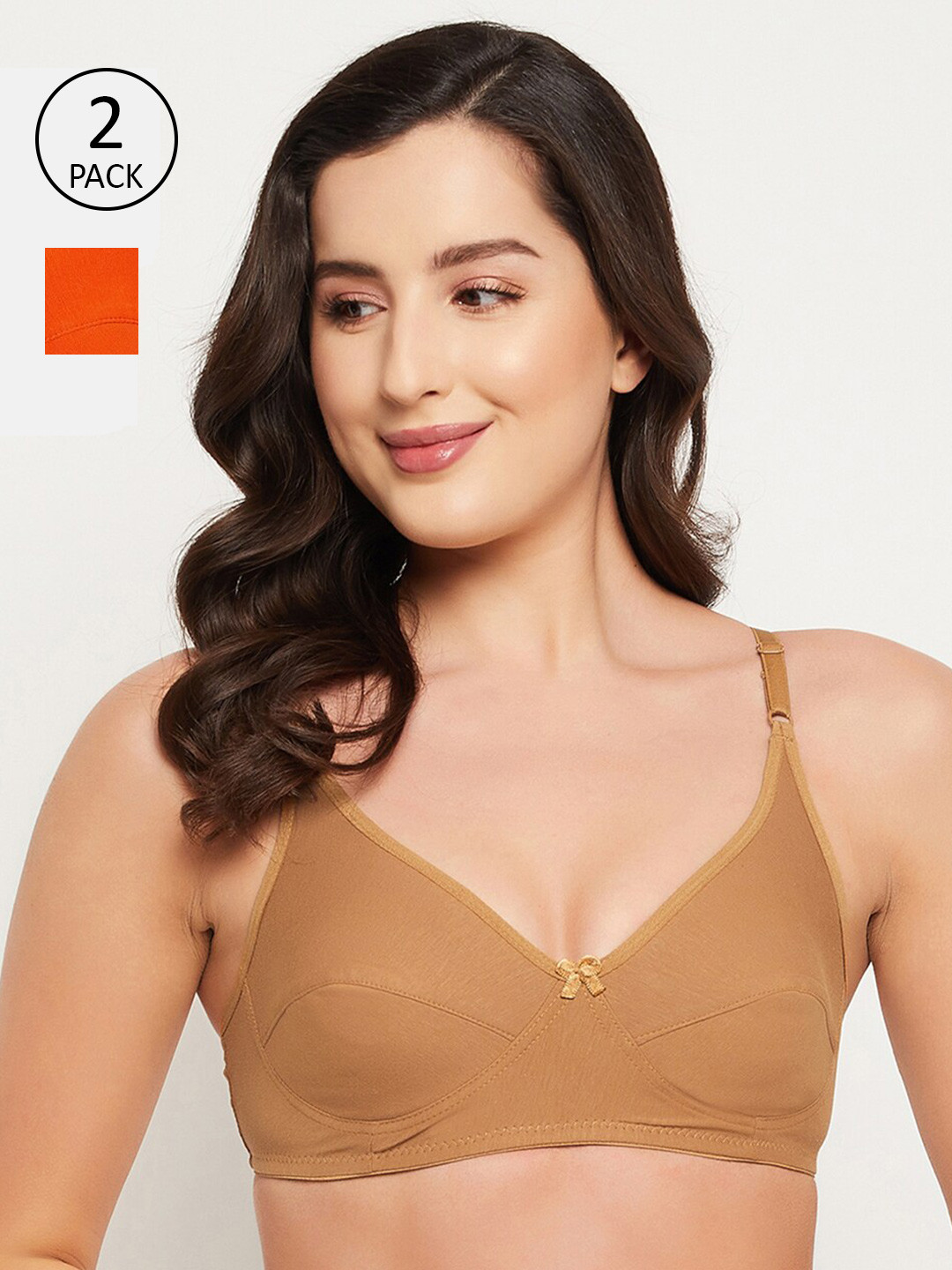 Clovia Pack of 2 Orange & Beige Solid Cotton Knitted Bra