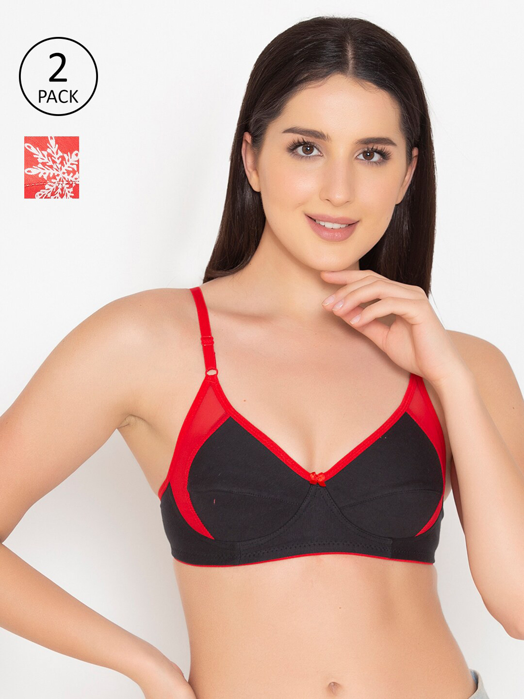 Clovia Pack of 2 Red & Black All Day Comfort Cotton Knitted Bra