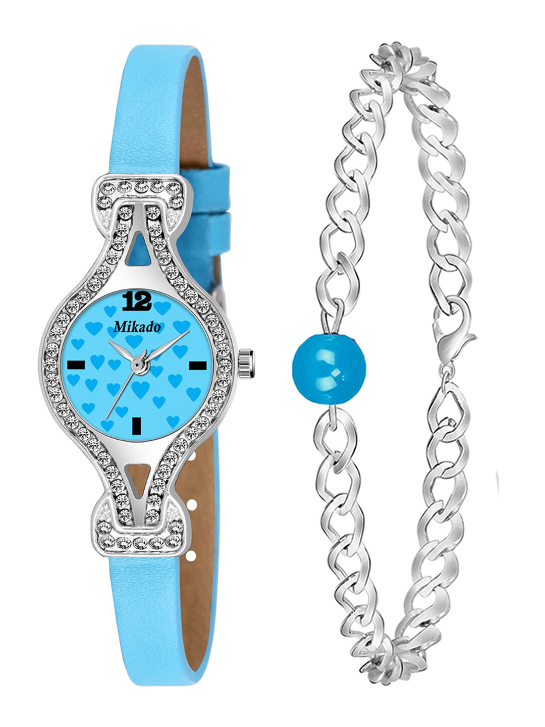Mikado Women Blue Brass & Blue Leather Embellished Straps Analogue Watch Louisa Fashion