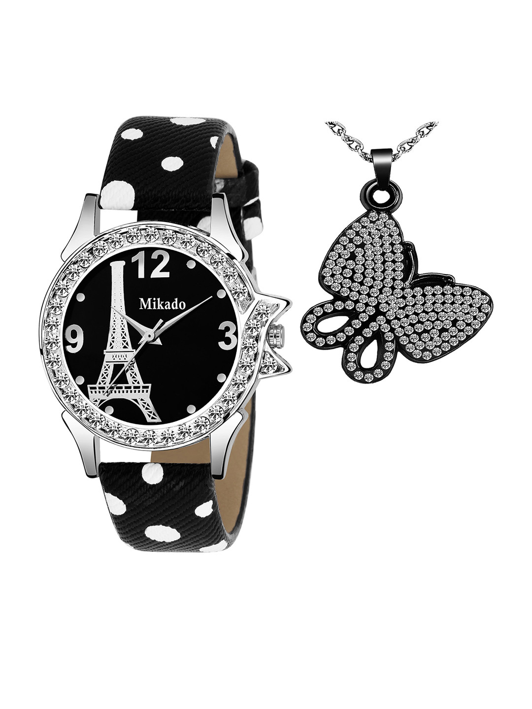 Mikado Women Black Brass Embellished Bracelet Style Straps Analogue Watch & Pendant