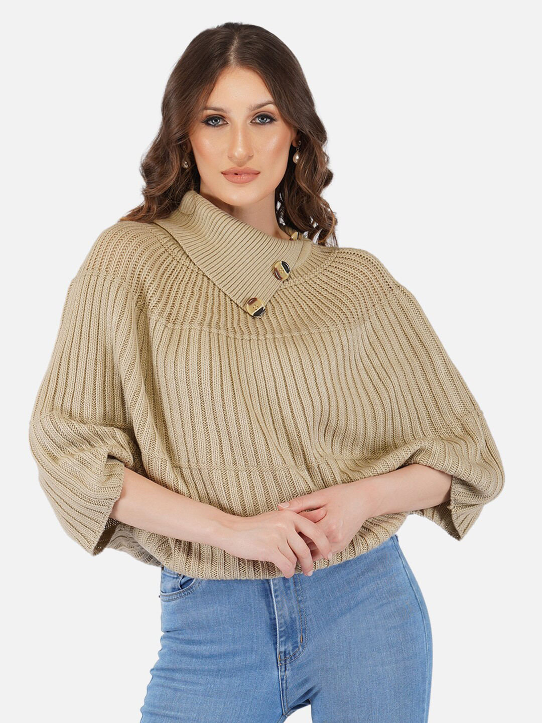 JoE Hazel Women Beige Ribbed Crop Poncho