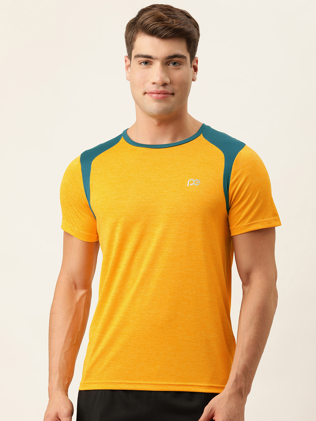 Peter England Men Orange Melange Dry Tech Slim Fit T-shirt