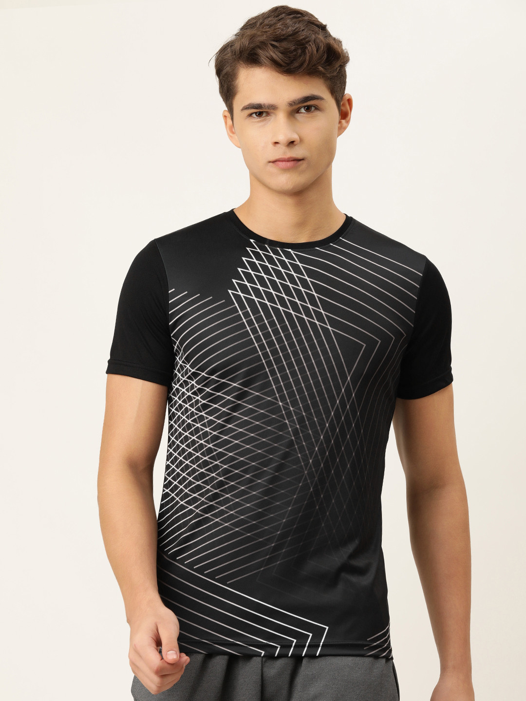 Peter England Men Black & White Striped Polo Collar Slim Fit T-shirt