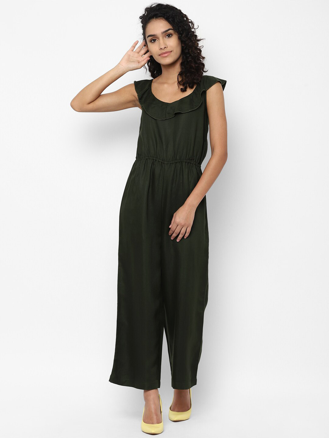 Allen Solly Woman Olive Green Basic Jumpsuit with Ruffles