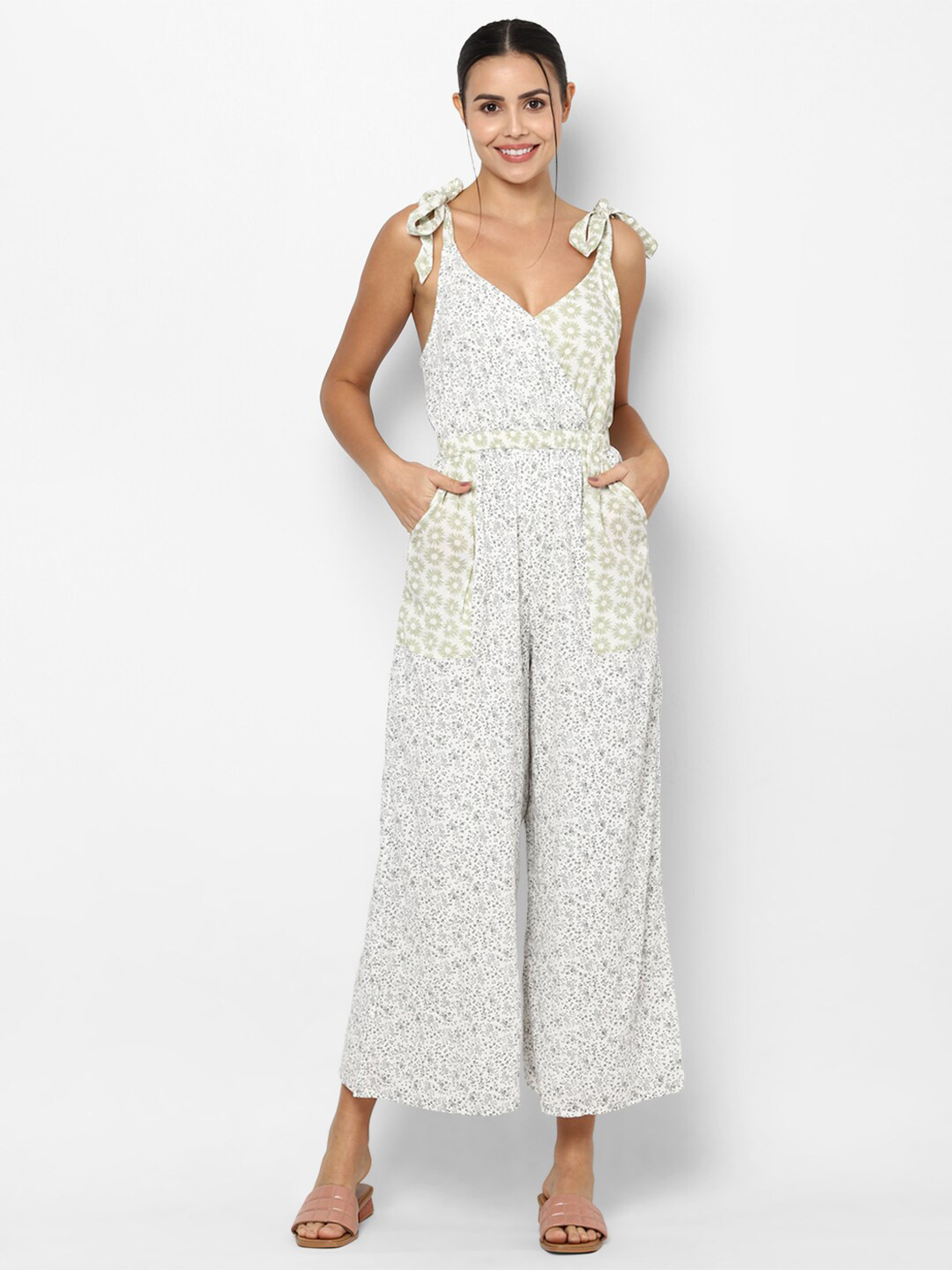 AMERICAN EAGLE OUTFITTERS Women V-Neck Green & White Printed Basic Jumpsuit