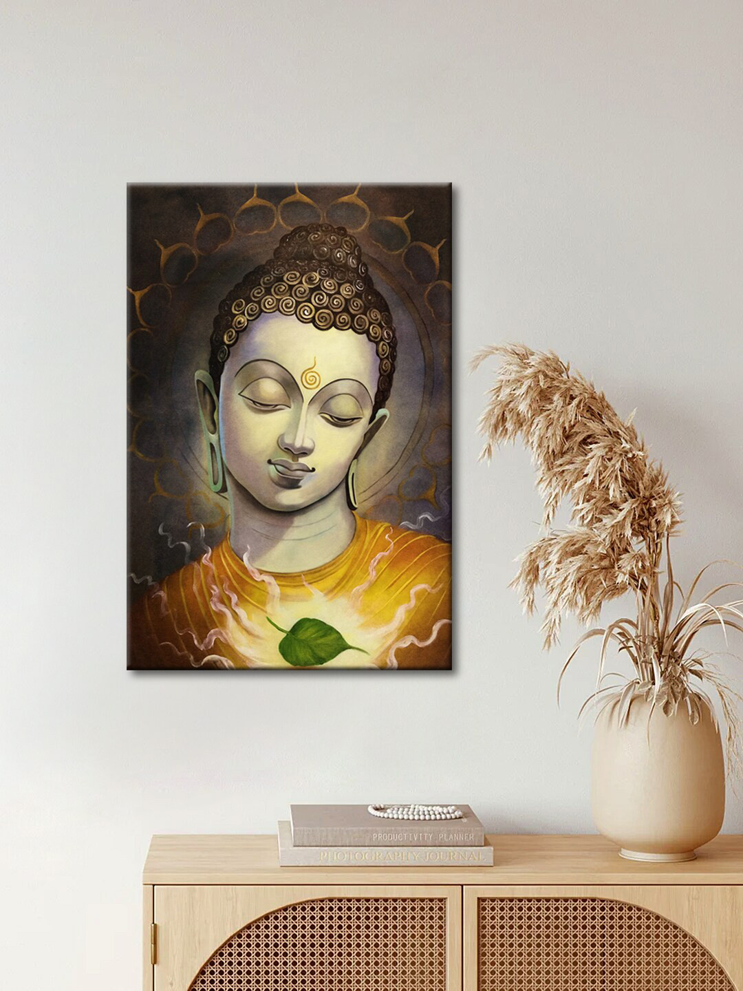 999Store Brown & Green Lord Buddha Face Canvas Painting Wall Art