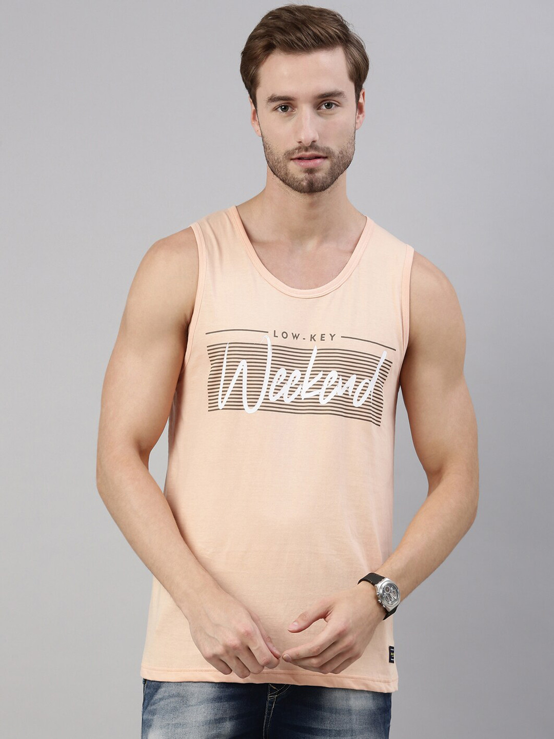 Joven Men Peach-Coloured Printed Innerwear Vests JTV-AP