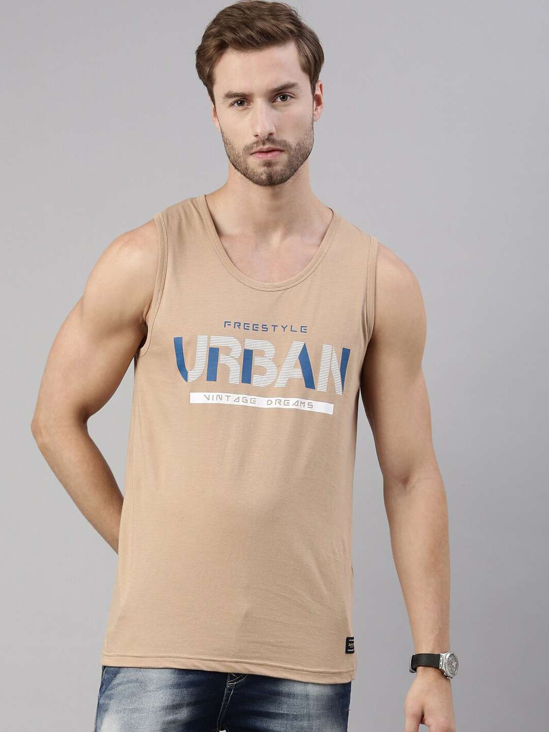 Joven Men Brown & Blue Printed Cotton Tank Vest