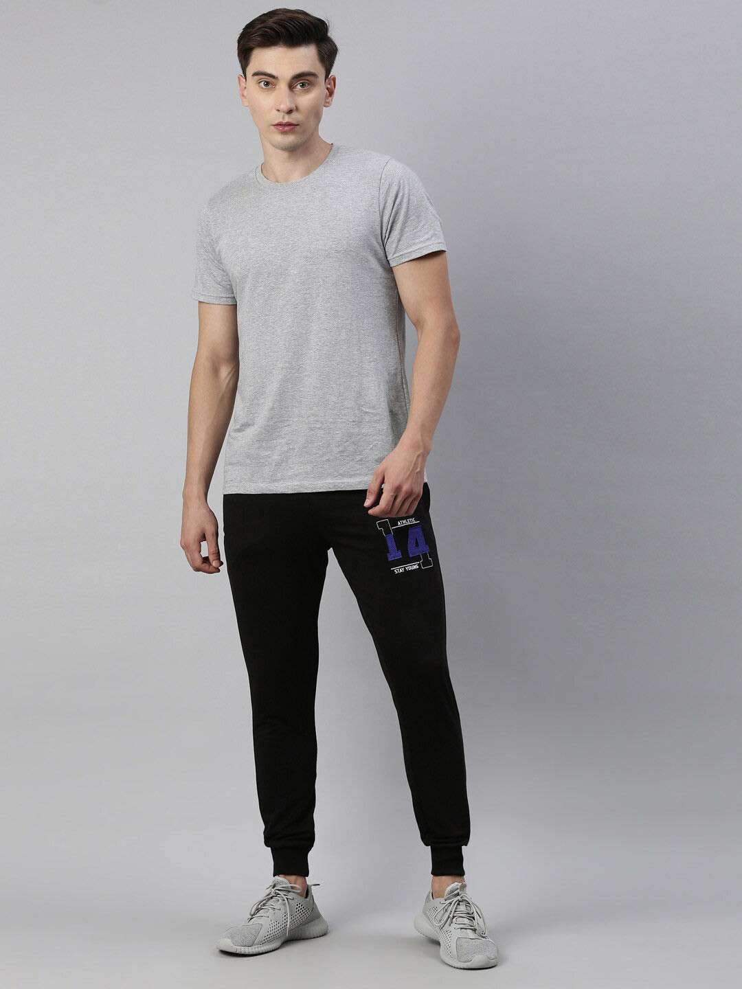 Joven Men Grey Melange & Navy Blue T-shirt with Joggers Set