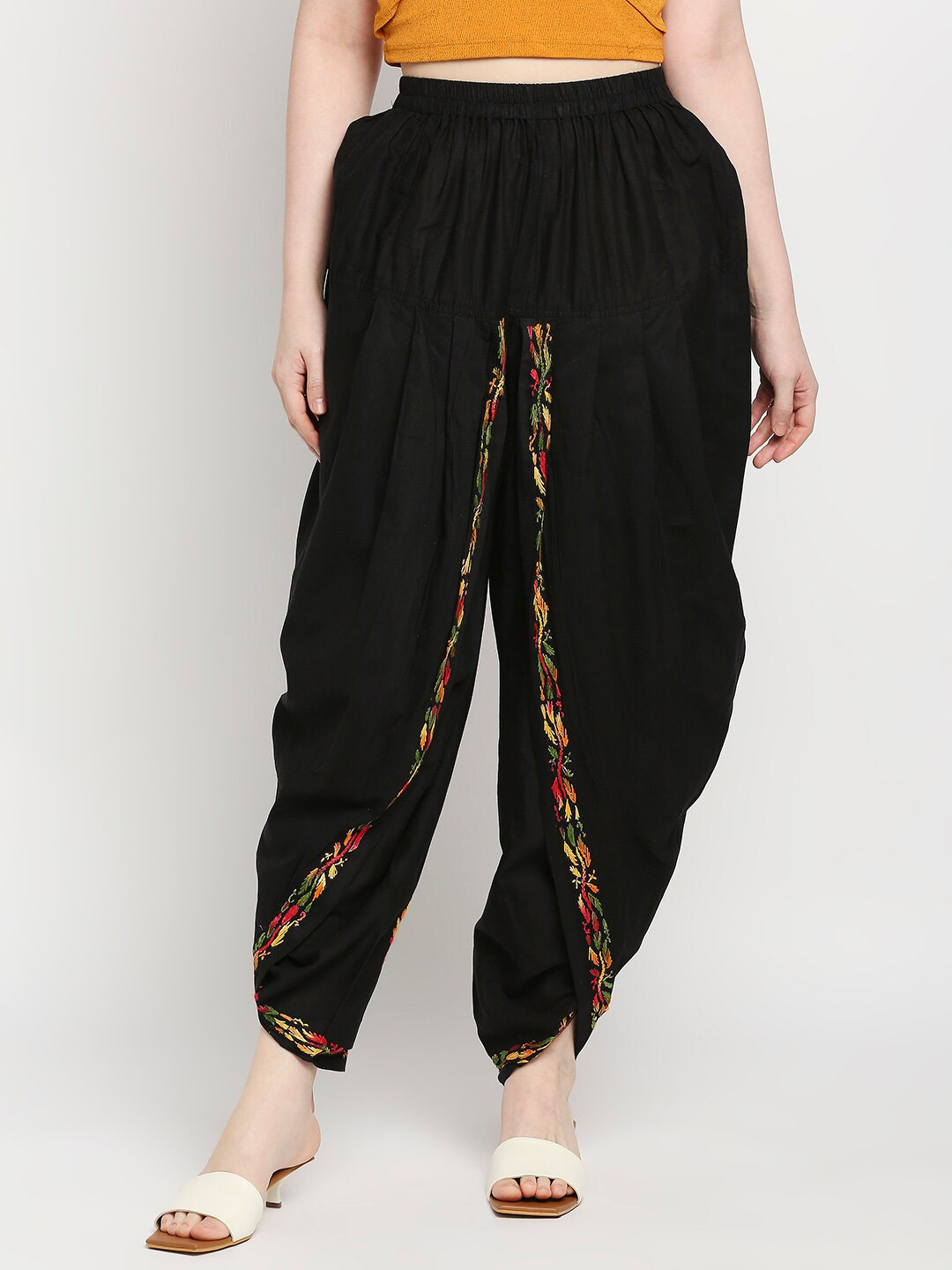 Indiankala4u Women Black Solid Chikanari Cotton Dhoti Pants