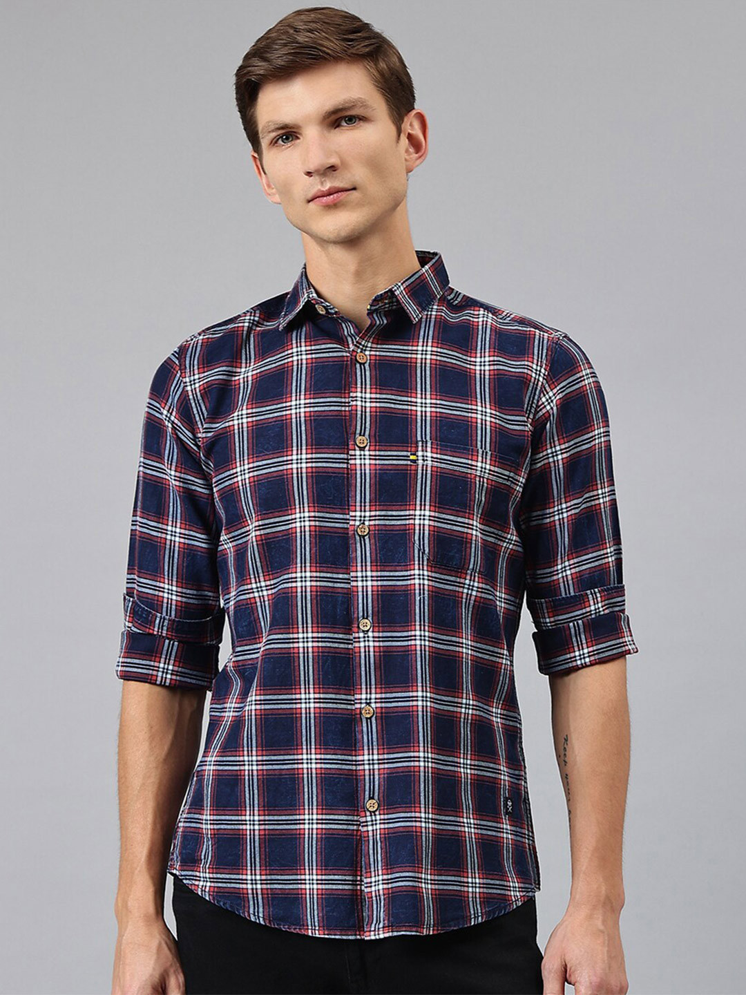 Thomas Scott Men Orange Tartan Checked Casual Shirt